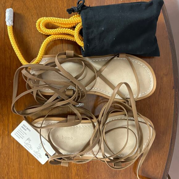 Rag & Bone Gladiator Sandal SIZE 6.5 Tan Festival Gold Ankle Wrap Laces $375 NEW - Picture 8 of 11